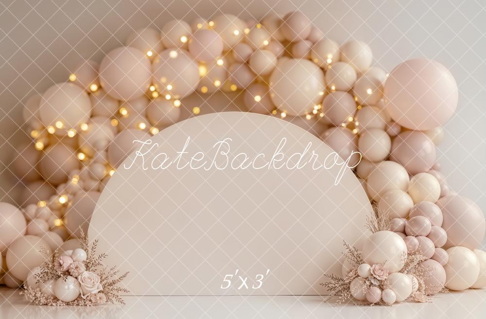 Kate Cake Smash Neutral Balloon Arch with Floral Arrangements and Fairy Lights Printed Backdrop Designed by Emetselch