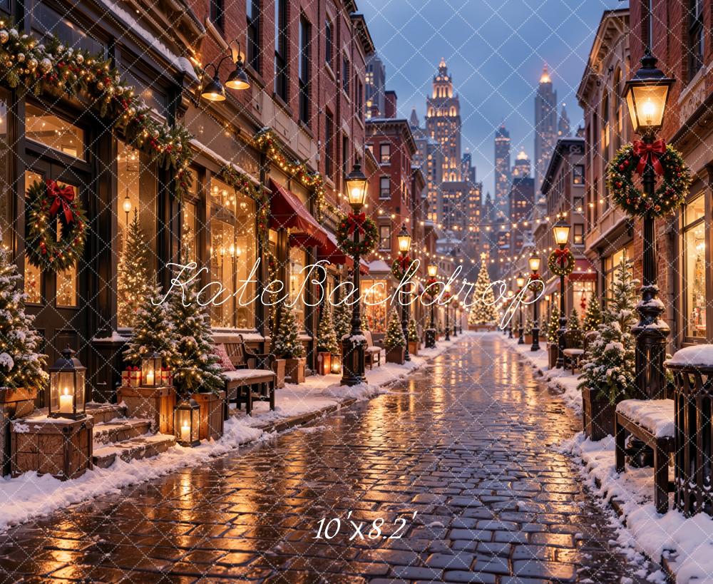 Kate Christmas City Street Snowy Buildings Cobblestone Printed Backdrop Designed by Jordan Moon