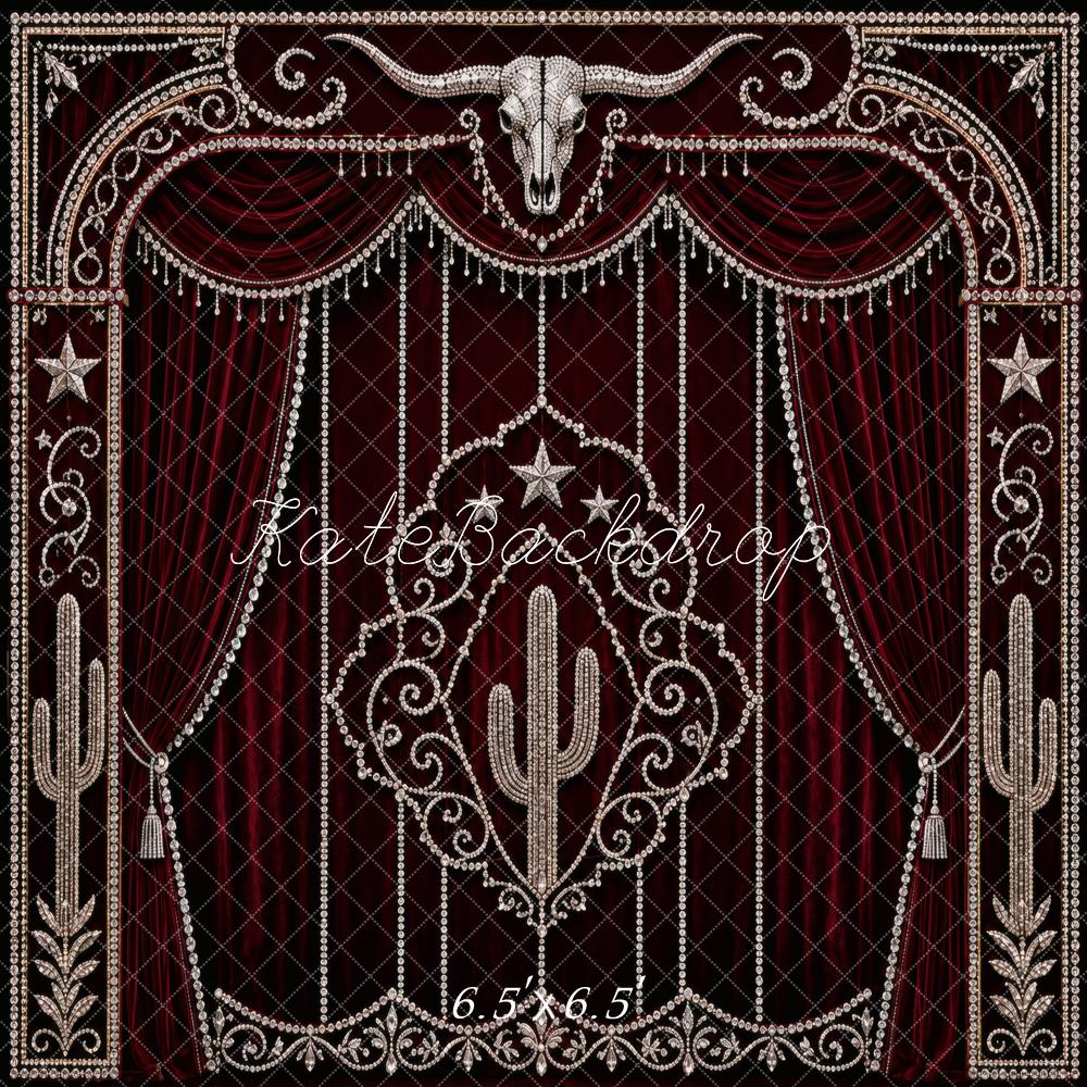 Kate Burgundy Western Rhinestone Red Curtain Printed Backdrop Designed by Vertigo Productions