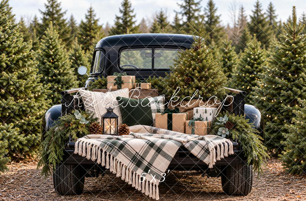 Kate Christmas Forest Vintage Black Truck Gifts Plaid Blanket Printed Backdrop Designed by Emetselch