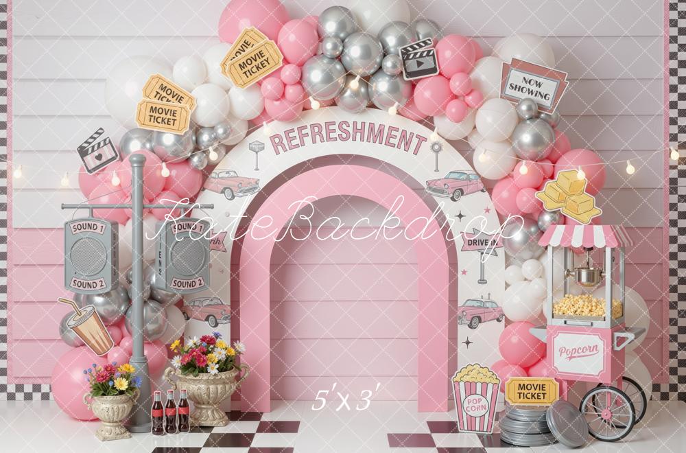 Kate Cake Smash Drive In Movie Refreshment Arch Balloons Popcorn Cart Printed Backdrop Designed by Mini MakeBelieve