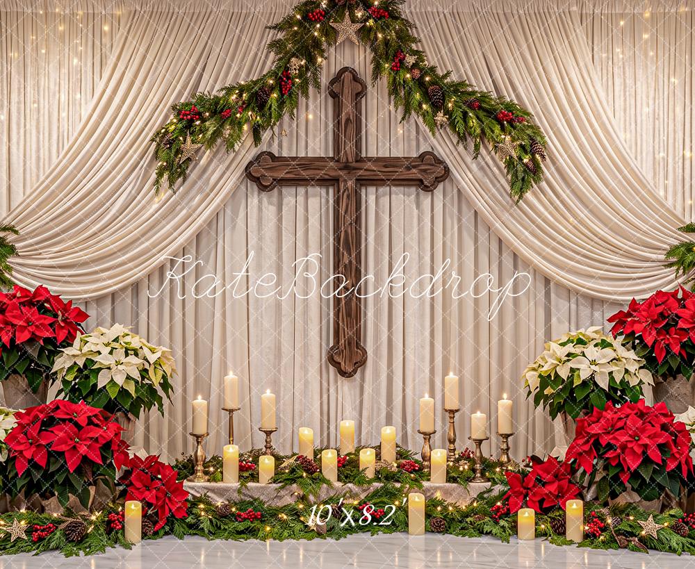 Kate Christmas Church Cross Altar Poinsettia Garland Printed Backdrop Designed by Angela Miller