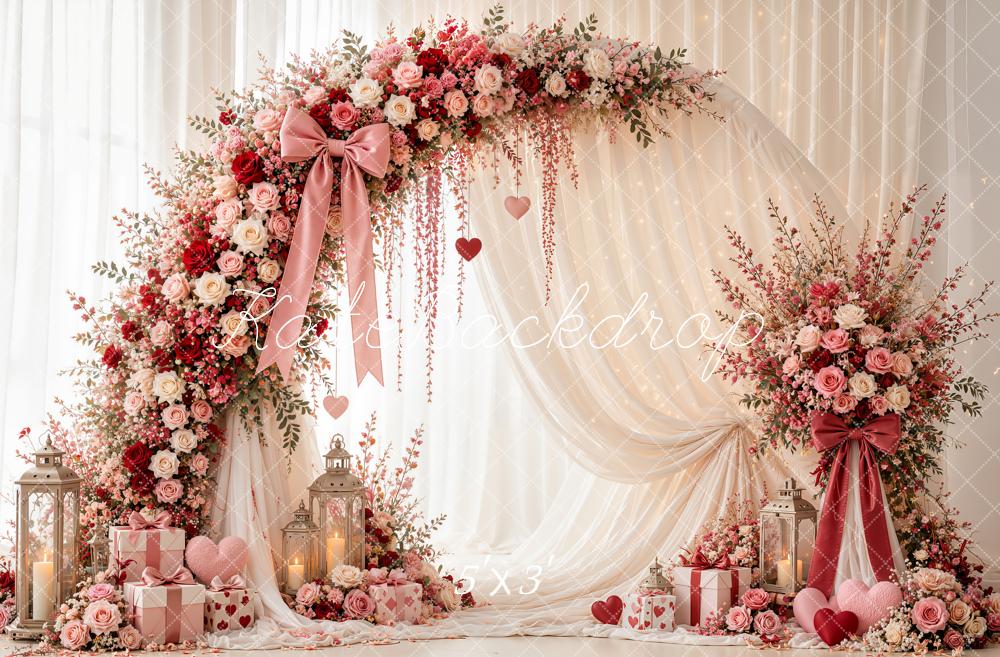 Kate Valentine's Day Circle Flower Arch Pink Roses Drapes Printed Backdrop Designed by Emetselch