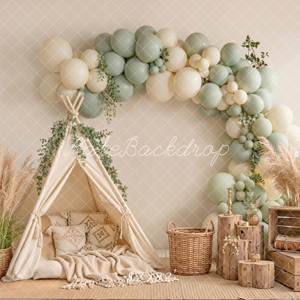 Kate Boho Balloon Arch Tent Pampas Grass Wood Crates Printed Backdrop Designed by Emetselch
