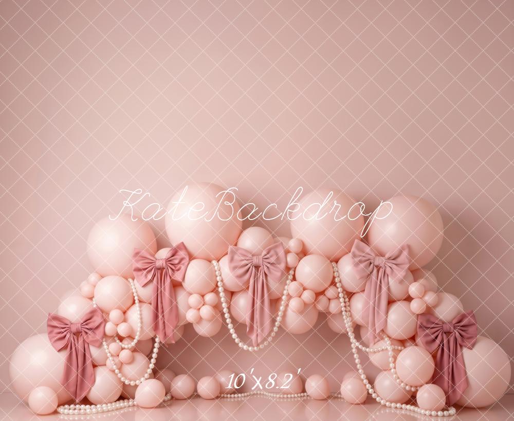 TEST Kate Cake Smash Pink Balloons Bows Pearls Arch Printed Backdrop Designed by Patty Roberts