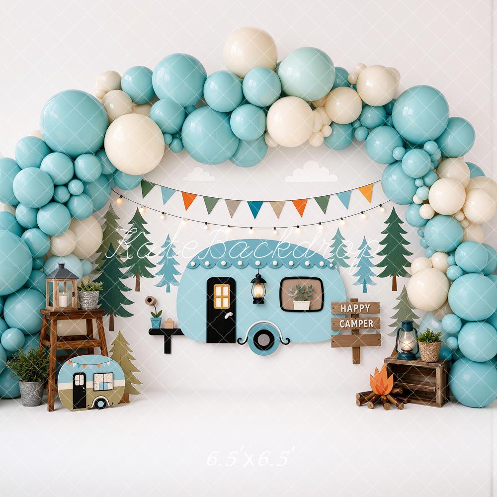 Kate Cake Smash Teal Camper Forest Balloon Arch Bunting Printed Backdrop Designed by Ashley Ward