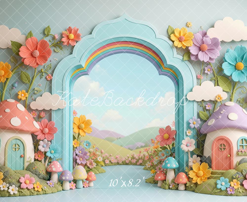 Kate Cake Smash Mushroom Houses Arch Flowers Rainbow Printed Backdrop Designed by Shutter Swan Studios