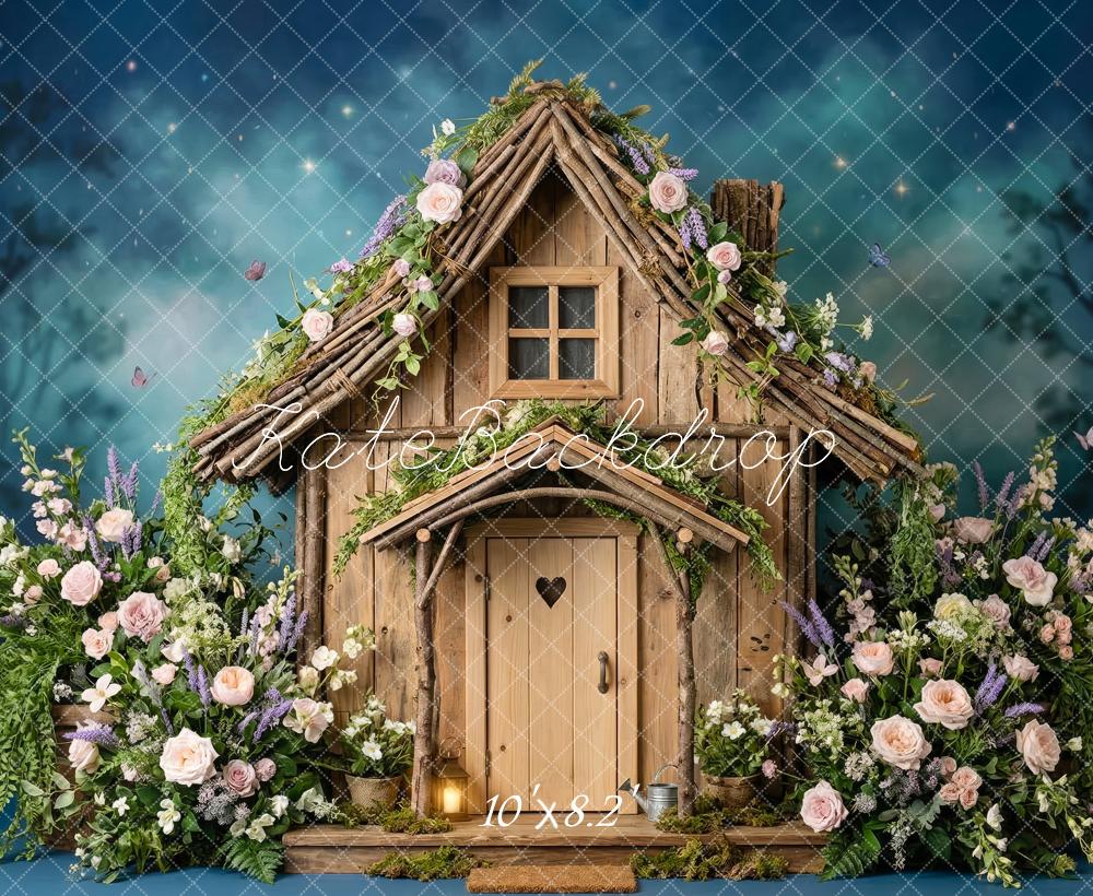 Kate Fairy Fantasy House Flowers Night Blue Printed Backdrop Designed by Patty Roberts