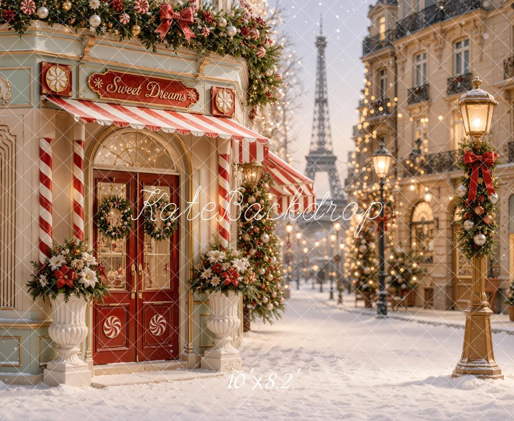Kate Christmas Paris Candy Shop Snowy Street Printed Backdrop Designed by Emetselch