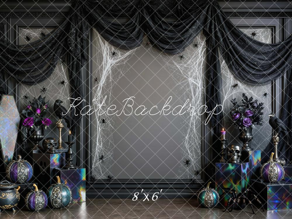 Kate Halloween Gothic Spider Web Skull Pumpkins Black Drapes Printed Backdrop Designed by Mini MakeBelieve