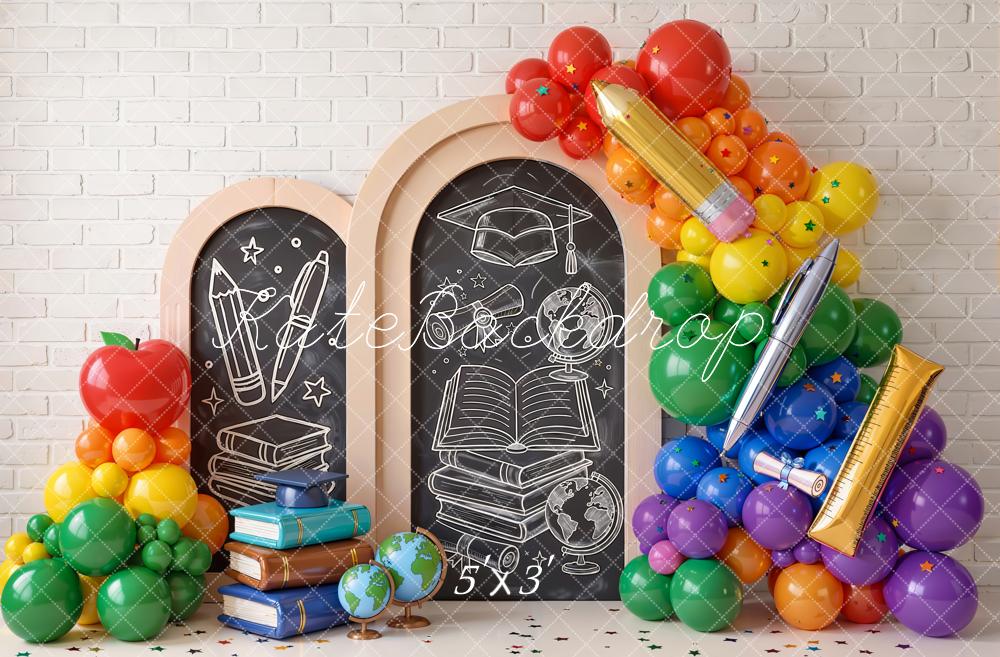 Kate Back to School Chalkboard Arch Books Balloons Globes Printed Backdrop Designed by Emetselch
