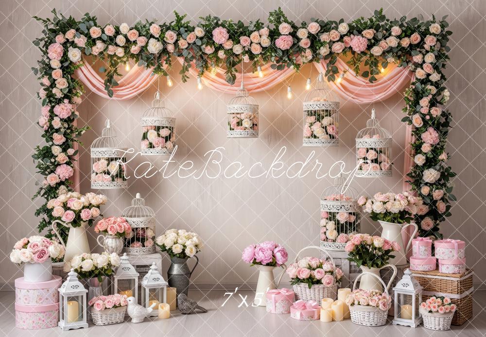 Kate Spring Flower Arch Pink Roses Birdcages Lanterns Backdrop Designed by Patty Roberts