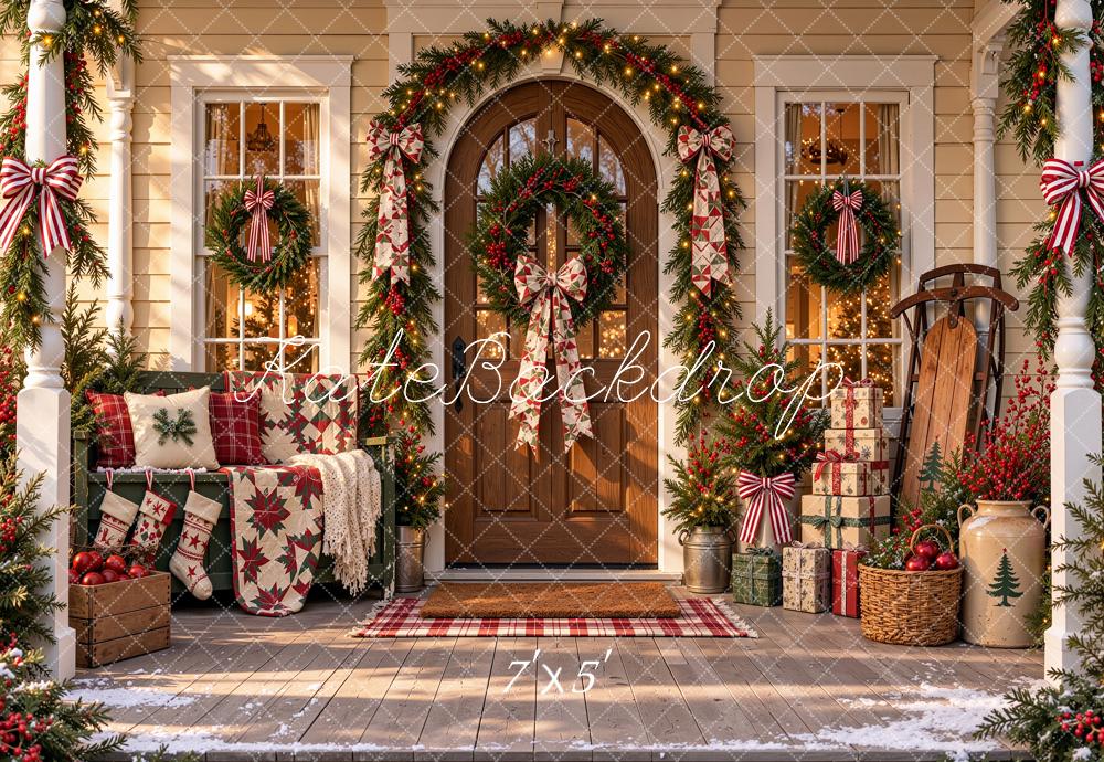 Kate Christmas Farmhouse Porch Wreath Garland Sunlight Printed Backdrop Designed by Shutter Swan Studios