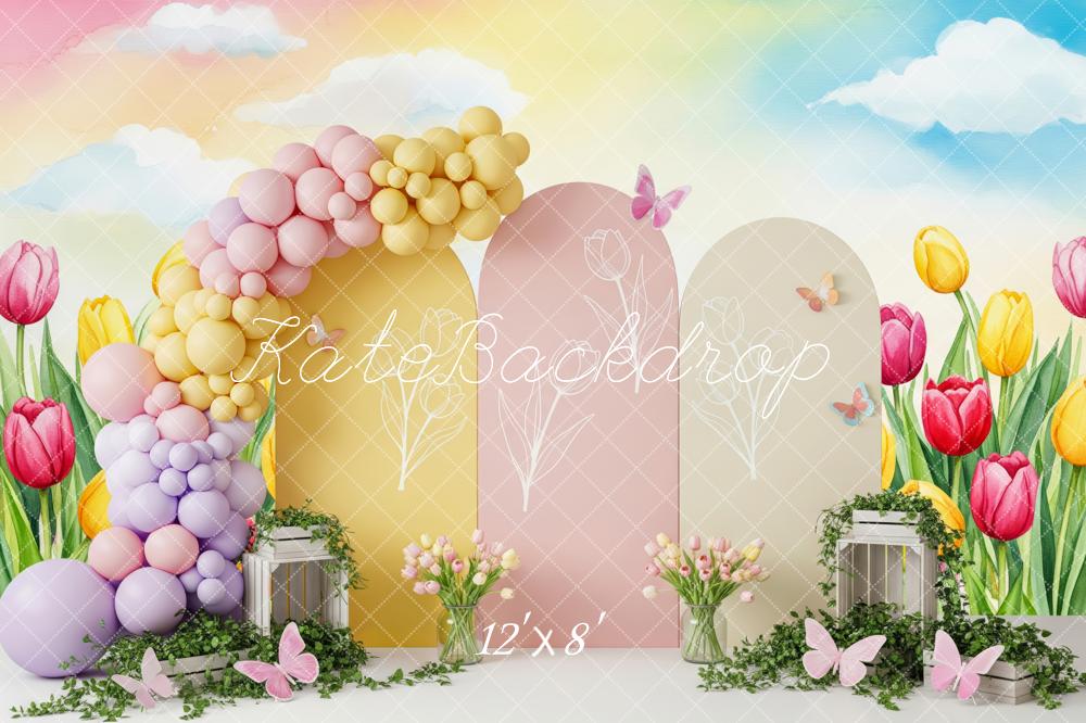 Kate Spring Tulips Balloons Arch Butterfly Backdrop Backdrop Designed by Patty Roberts
