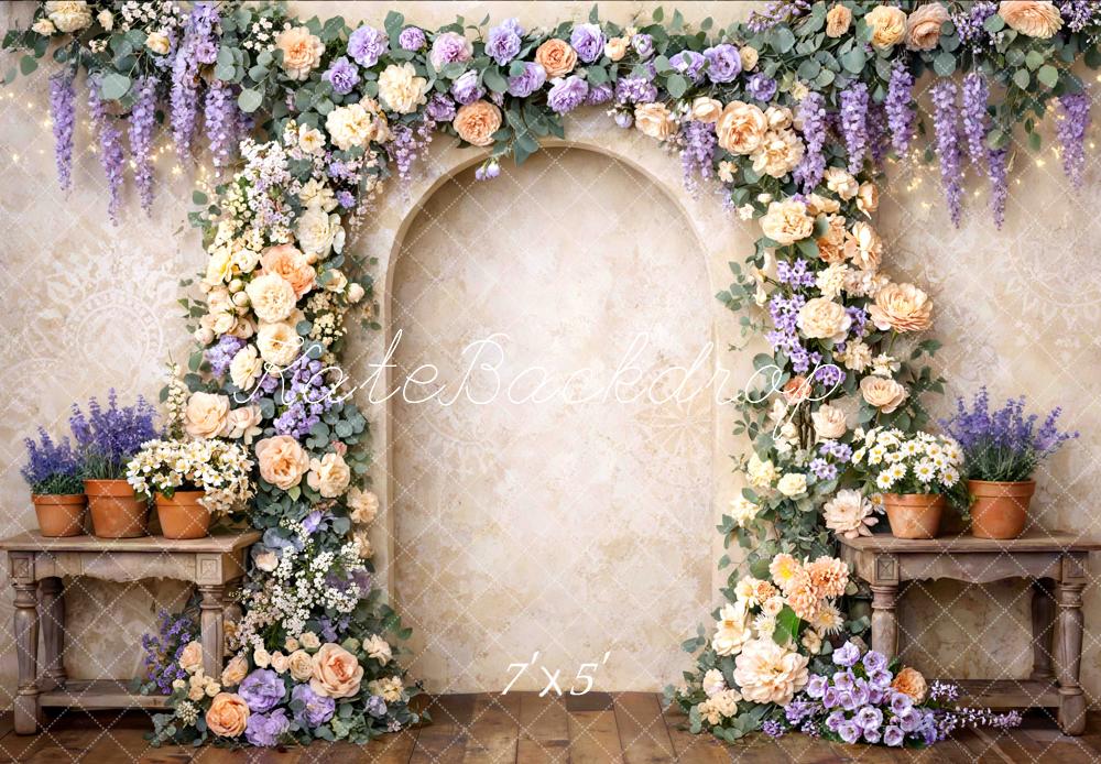 Kate Flower Arch Cream Lavender Floral Wall Printed Backdrop Designed by Mini MakeBelieve