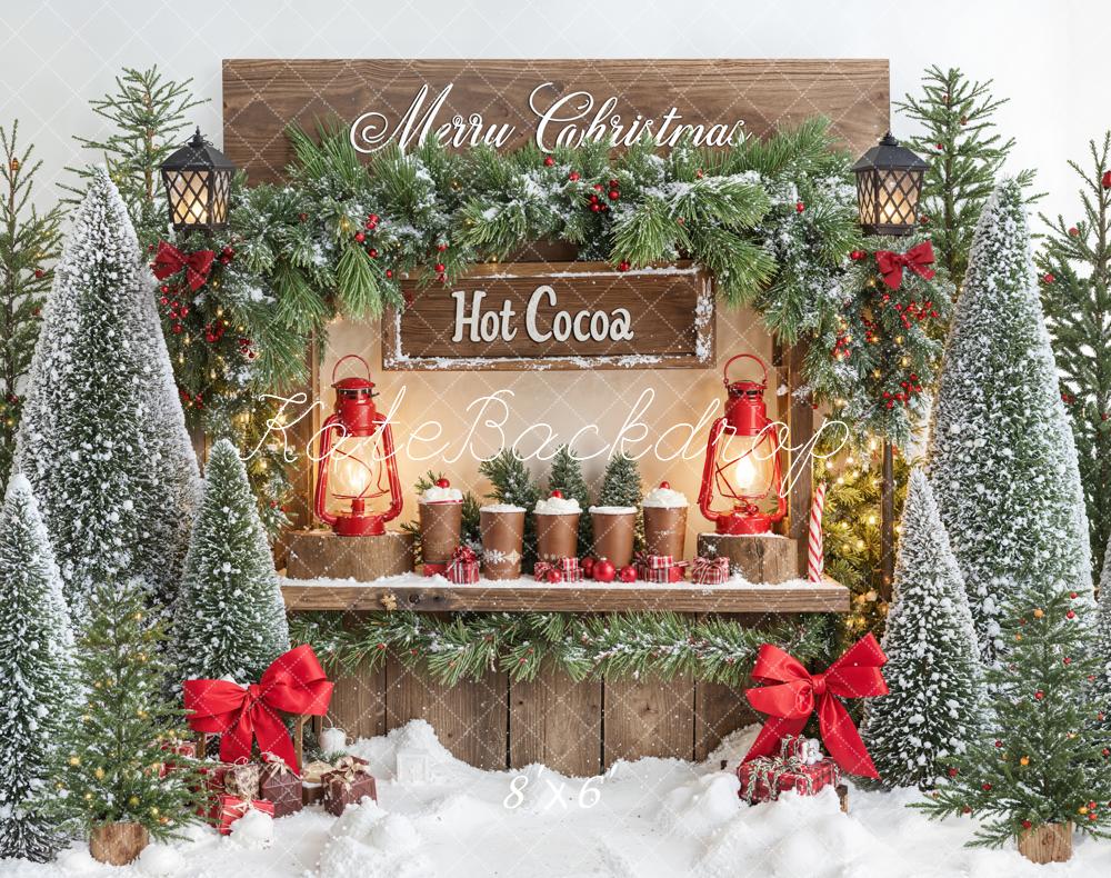Kate Christmas Hot Cocoa Stand Snowy Pine Trees Lantern Backdrop Designed by Emetselch