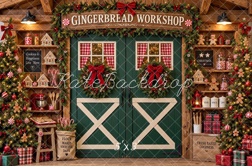 Kate Christmas Gingerbread Workshop Green Barn Door Shelves Printed Backdrop Designed by Shutter Swan Studios