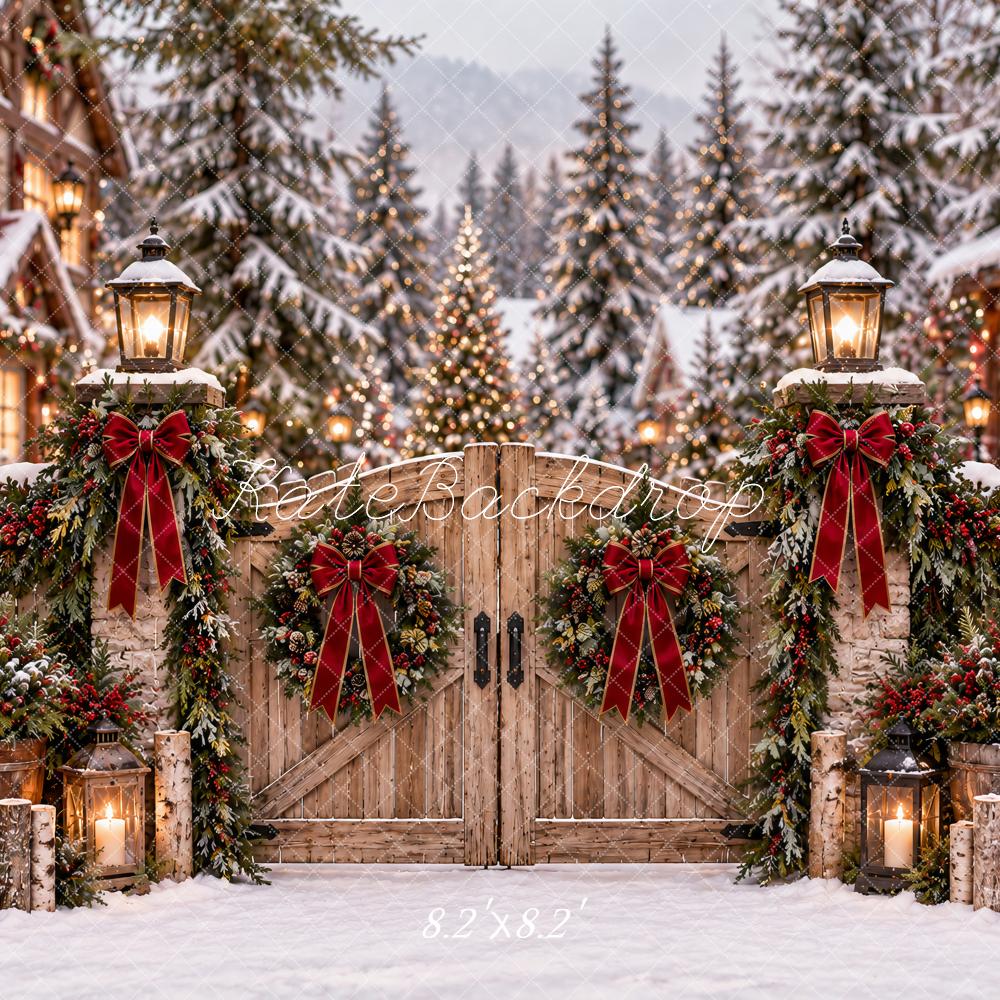 Kate Christmas Wooden Gate Snowy Village Red Bows Trees Printed Backdrop Designed by Ashley Paul