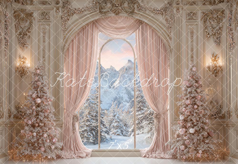 Kate Christmas Retro Arch Pink Curtains Ornate Window Snowy Trees Backdrop Designed by Ashley Paul