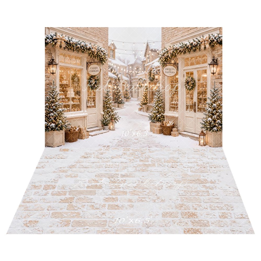 Kate Christmas Snowy Village Bakery Cobblestone Street Printed Backdrop+White Snow Vintage Brick Floor Printed Backdrop