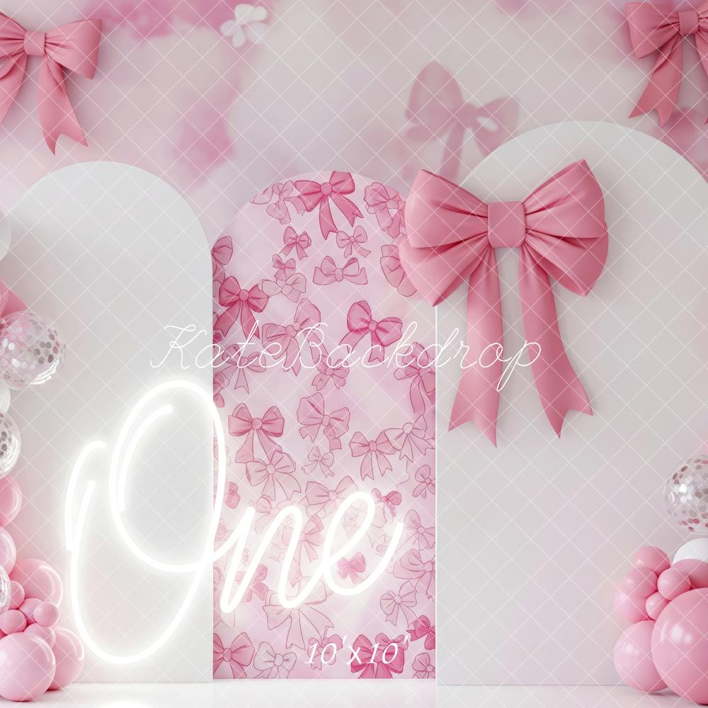 Kate 1st Birthday Pink Bows Balloons Arch Backdrop Designed by Patty Roberts