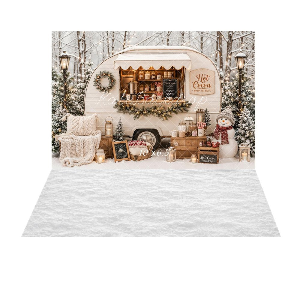 Kate Christmas Hot Cocoa Camper Snowy Forest Snowman Printed Backdrop+White Snow Floor Printed Backdrop