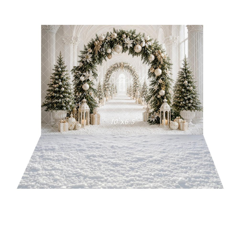 Kate Christmas Flower Archway White Gold Trees Lanterns Gifts Columns Printed Backdrop+Snow White Texture Floor Printed Backdrop