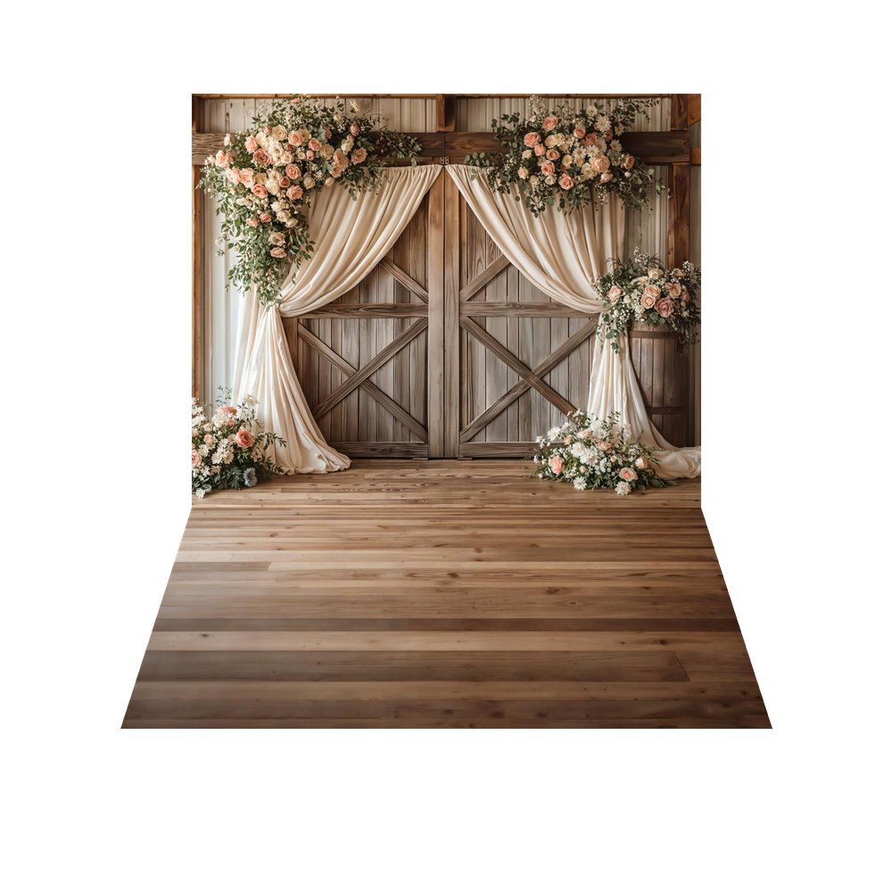 Kate Spring Romantic Flower Arch Barn Doors Cream Drapes Backdrop+Brown Wood Plank Floor Backdrop