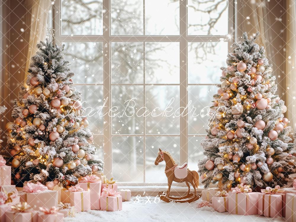 Kate Christmas Trees Snowy Pink Ornaments Gifts Window Rocking Horse Backdrop Designed by Patty Roberts