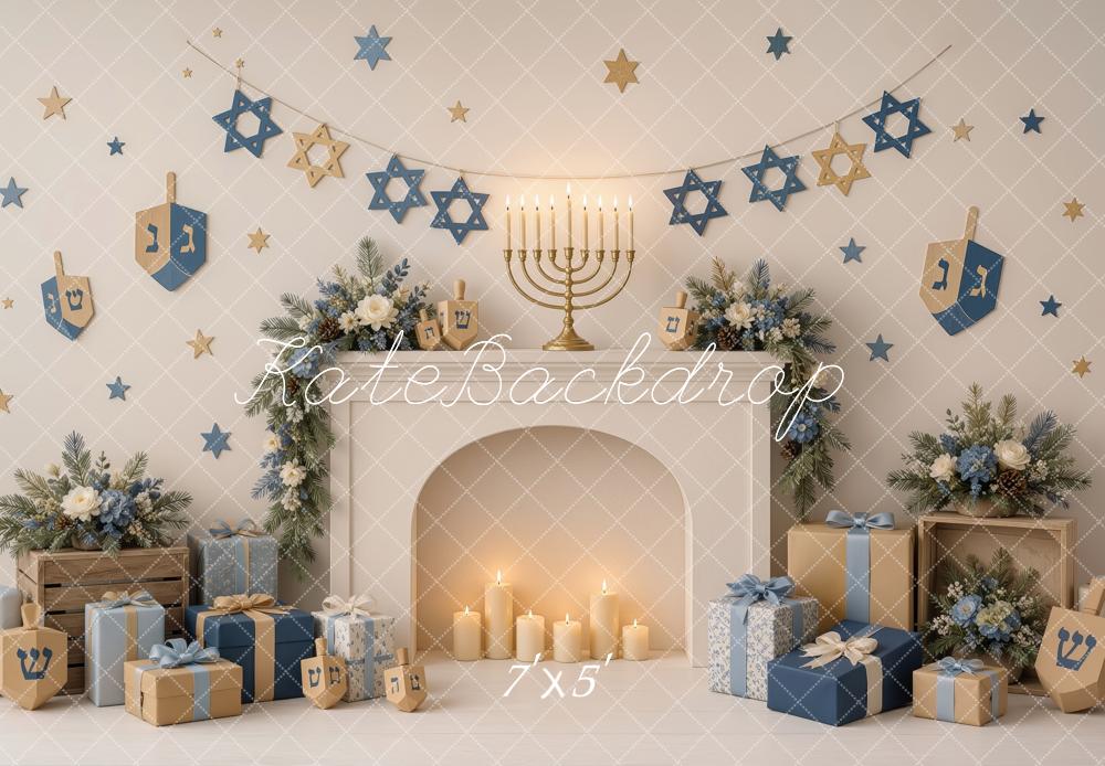 Kate Hanukkah Fireplace Menorah Dreidels Gifts Printed Backdrop Designed by Ashley Ward