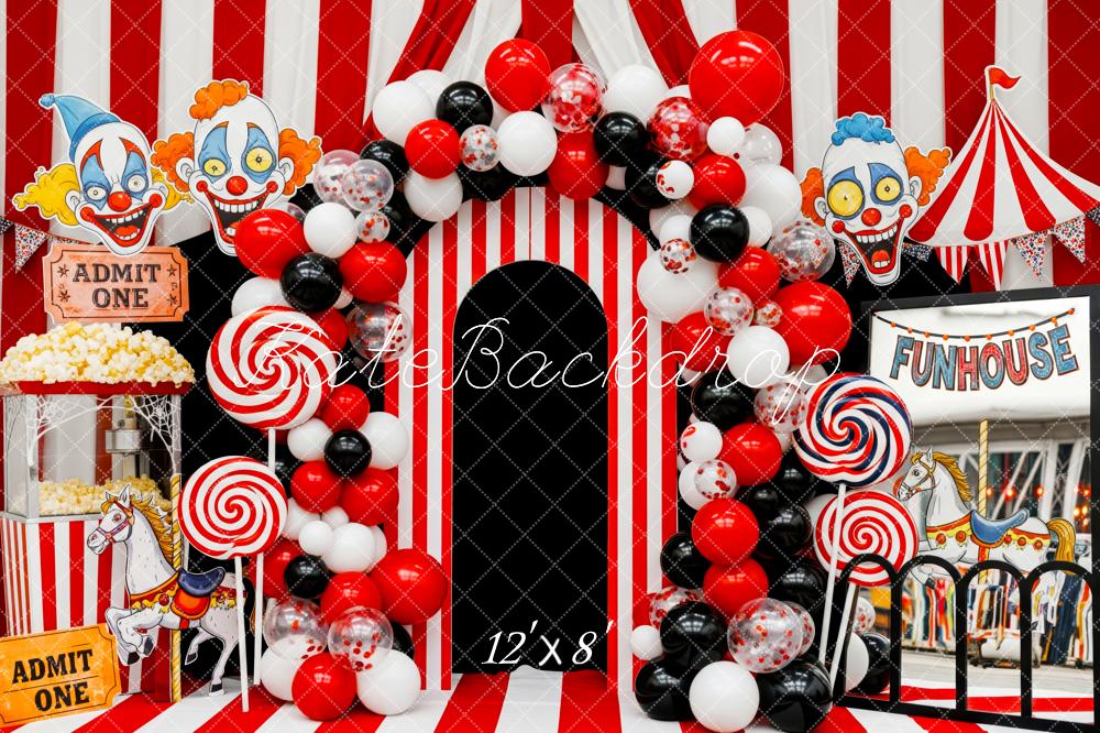 Kate Halloween Circus Carnival Clown Balloon Arch Red Stripes Backdrop Designed by Patty Roberts