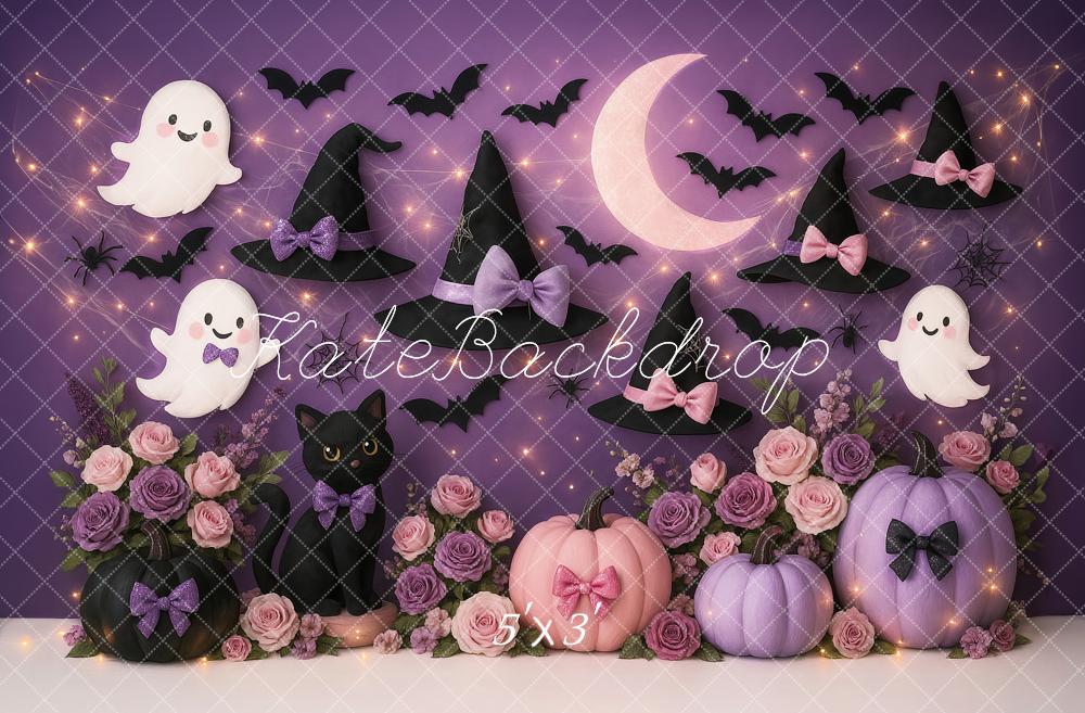 Fondo de Halloween Bruja Fantasmas Morados Calabazas Diseñado por Ashley Paul