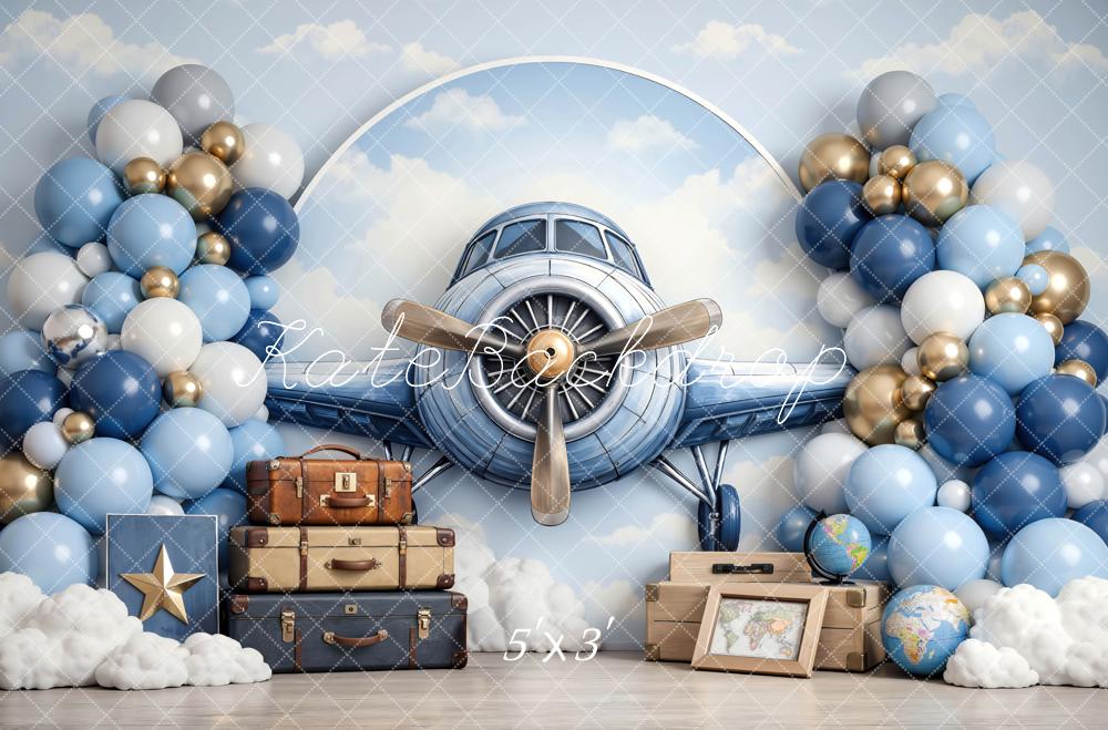 Kate Cake Smash Airplane Blue Balloons Clouds Suitcases Printed Backdrop Designed by Mini MakeBelieve