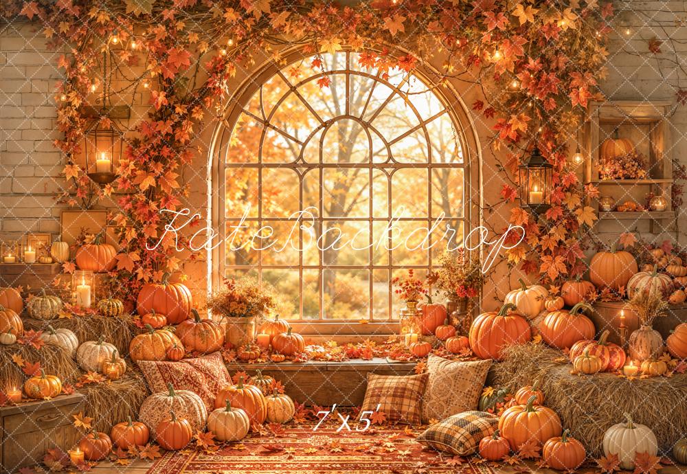 Kate Fall Pumpkins Window Arch Maple Leaves Printed Backdrop Designed by Emetselch