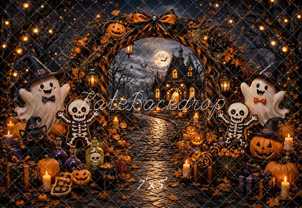 Kate Halloween Trick Or Treat Pumpkin Ghost Arch Skeleton Haunted House Printed Backdrop Designed by Emetselch