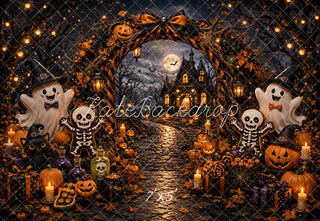 SALE Kate Halloween Trick Or Treat Pumpkin Ghost Arch Skeleton Haunted House Printed Backdrop Designed by Emetselch
