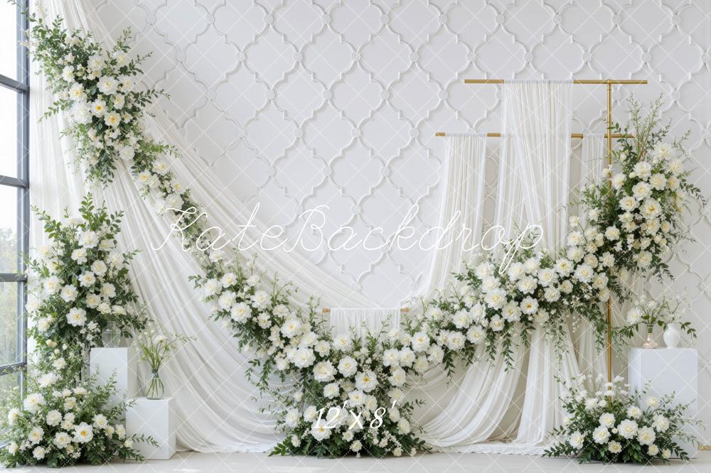 Kate Spring Elegant White Flower Arch Drapes Printed Backdrop Designed by Mini MakeBelieve