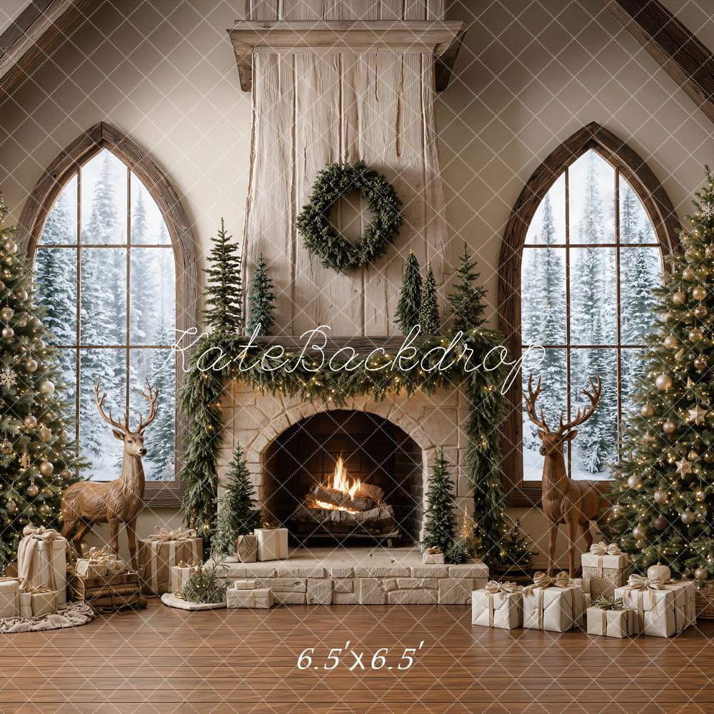 Kate Christmas Fireplace Reindeer Trees Garland Window Presents Printed Backdrop Designed by Emetselch