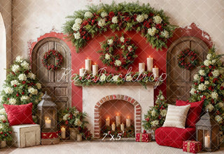 Kate Christmas Fireplace Wreaths Floral Garland Candles Printed Backdrop Designed by Emetselch