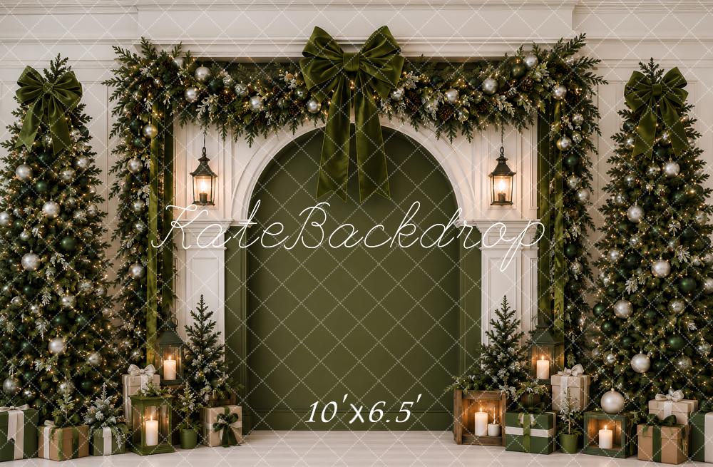 Kate Christmas Green Garland Arched Wall Bows Tree Printed Backdrop Designed by Ashley Paul