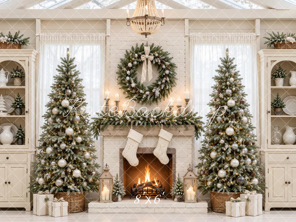 Kate Christmas Fireplace Christmas Trees Wreath White Cabinets Printed Backdrop Designed by Emetselch