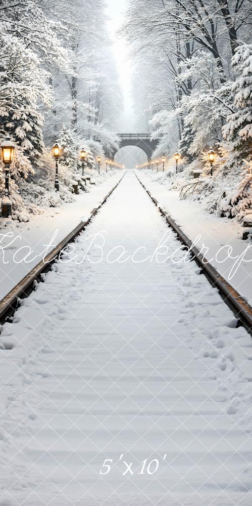 Kate Sweep Winter Snowy Railroad Forest Lamp Posts Printed Backdrop Designed by Mini MakeBelieve