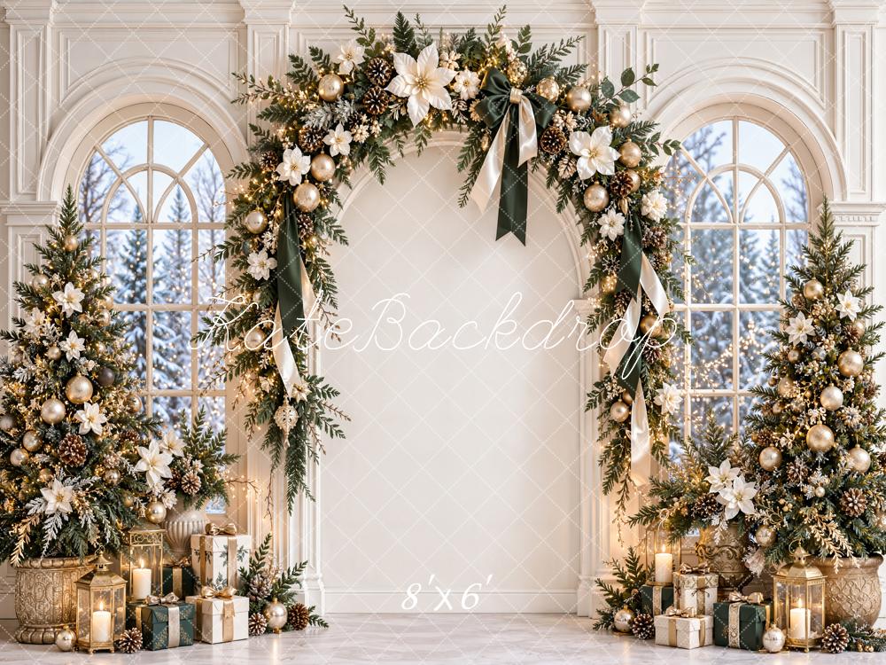 Kate Christmas Trees White Flower Arch Windows Poinsettias Printed Backdrop Designed by Emetselch