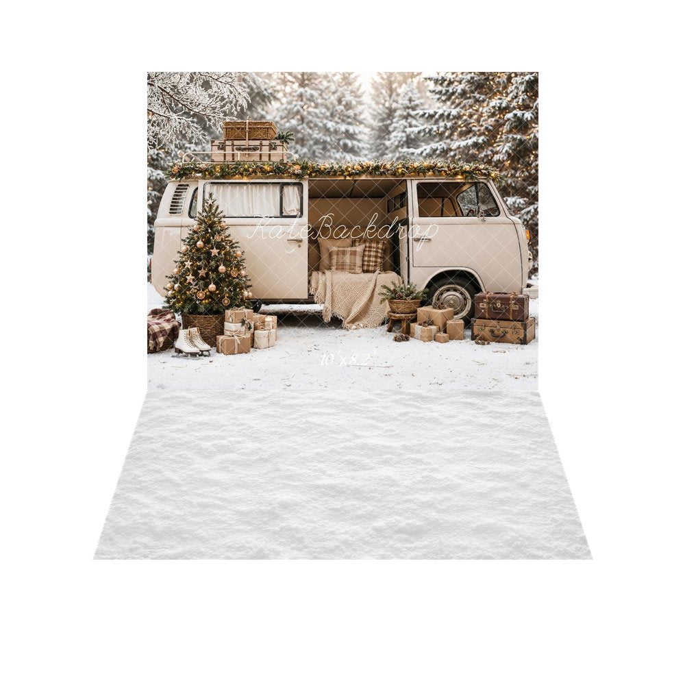 Kate Christmas Tree Camper Van Snowy Forest Gifts Printed Backdrop+White Snow Floor Printed Backdrop