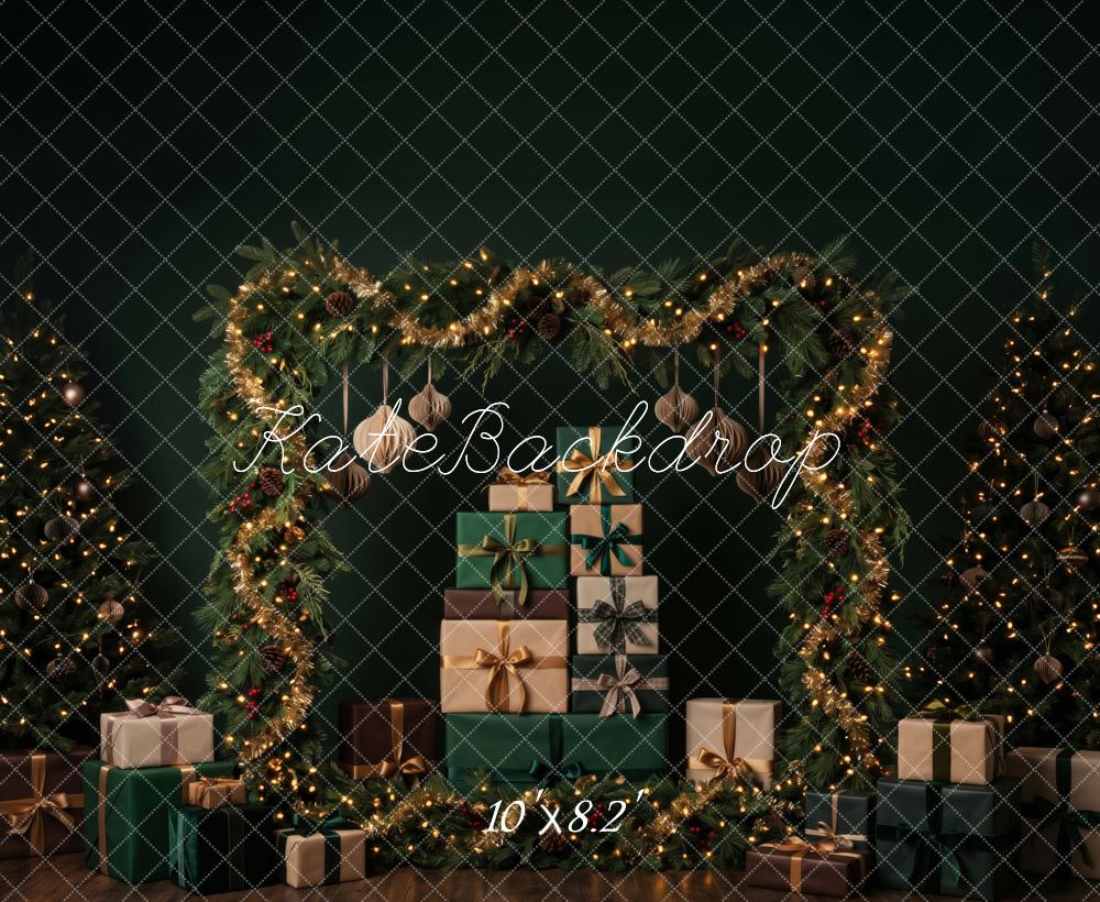 Kate Christmas Garland Arch Gift Boxes Emerald Printed Backdrop Designed by Patty Roberts