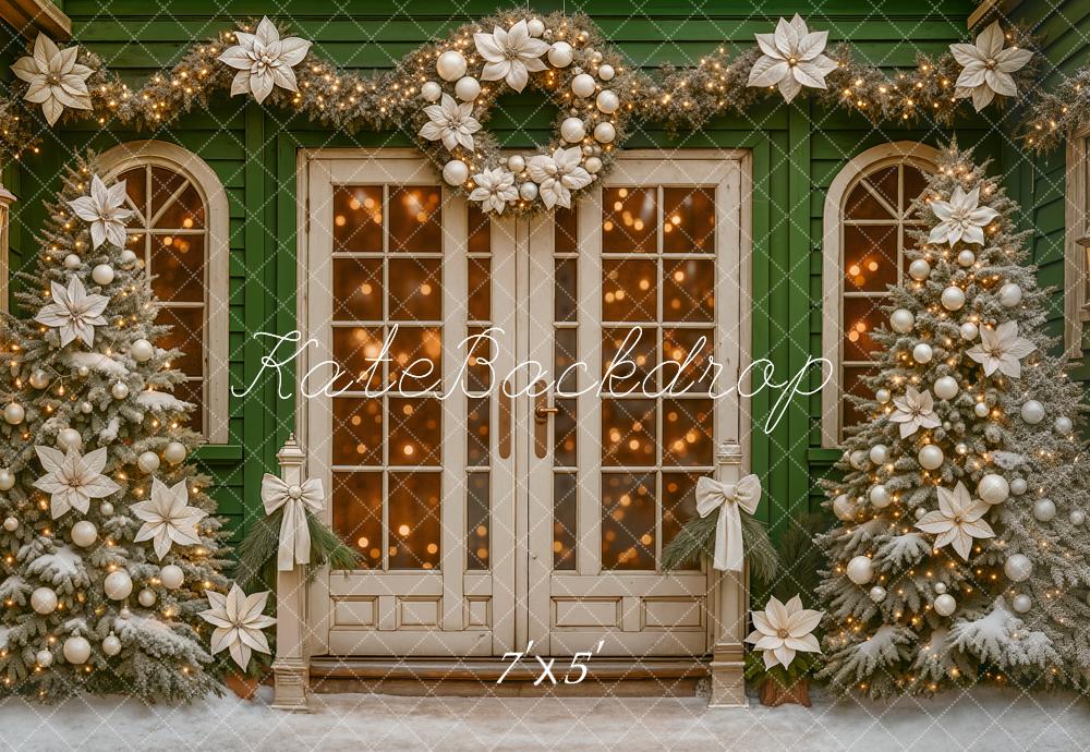 Kate Christmas Trees White Poinsettias Doorway Wreath Backdrop Designed by Ashley Paul
