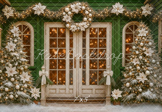 Kate Christmas Trees White Poinsettias Doorway Wreath Printed Backdrop Designed by Ashley Paul