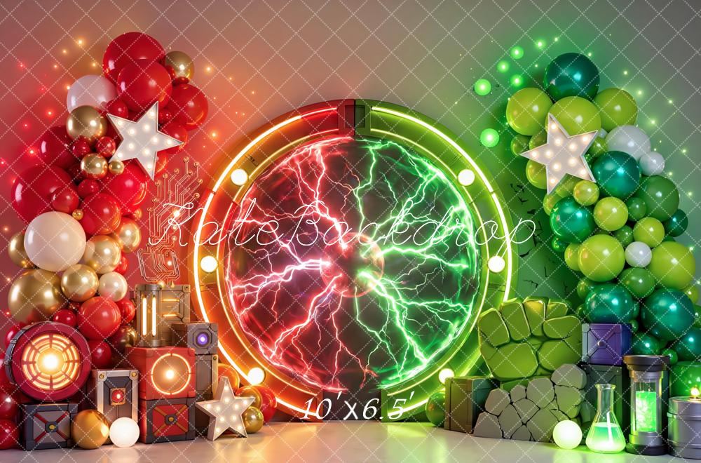Kate Cake Smash Superhero Portal Electric Balloons Science Printed Backdrop Designed by Mini MakeBelieve