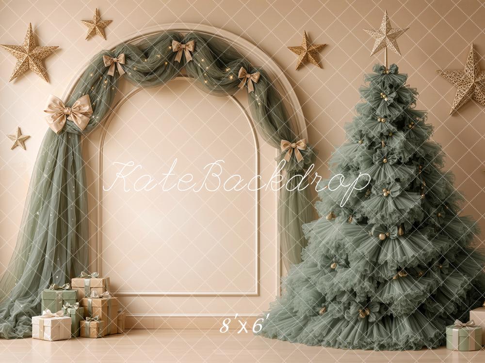 Kate Christmas Green Tulle Tree Arch Drapes Stars Gifts Printed Backdrop Designed by Shutter Swan Studios