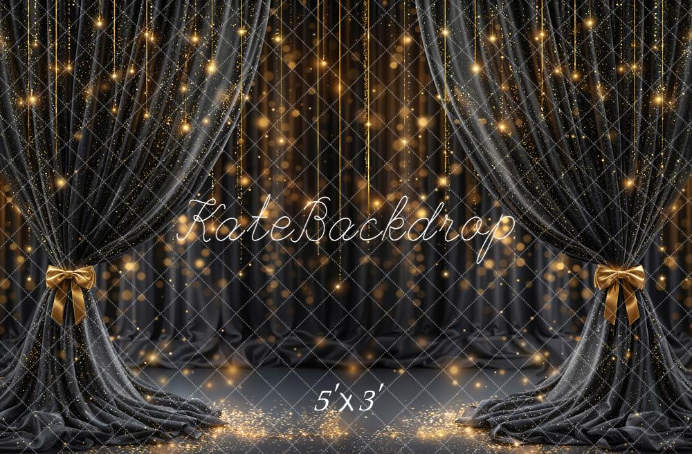 Kate Black Curtain Gold Glitter Bow Lights Stage Backdrop Designed by Emetselch